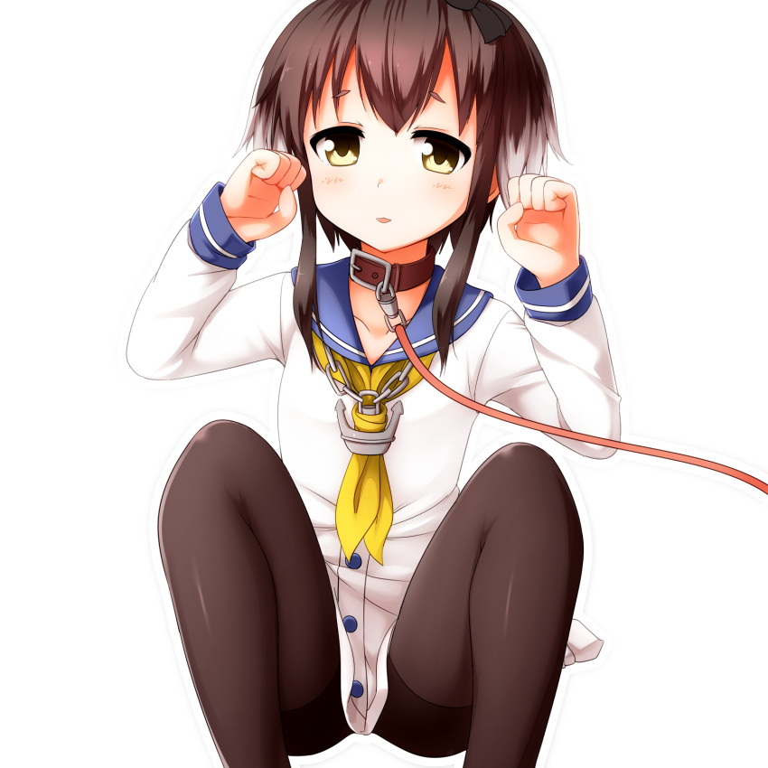 1girl black_legwear brown_eyes brown_hair collar dog_collar dress faubynet gradient_hair highres kantai_collection leash long_sleeves looking_at_viewer multicolored_hair pantyhose paw_pose sailor_collar sailor_dress seamed_legwear short_hair short_hair_with_long_locks side-seamed_legwear simple_background solo squatting tied_shirt tokitsukaze_(kantai_collection) white_dress