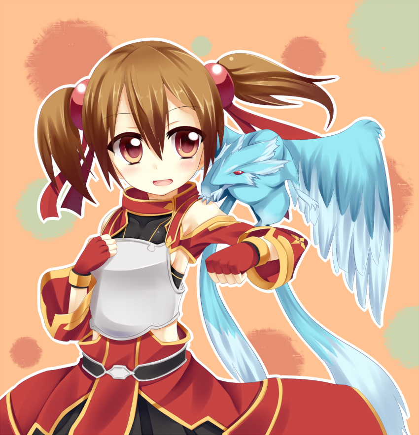 1girl :d brown_hair chest_plate detached_sleeves dragon east01_06 fingerless_gloves gloves hair_ornament highres open_mouth pina_(sao) red_eyes red_gloves silica smile sword_art_online twintails