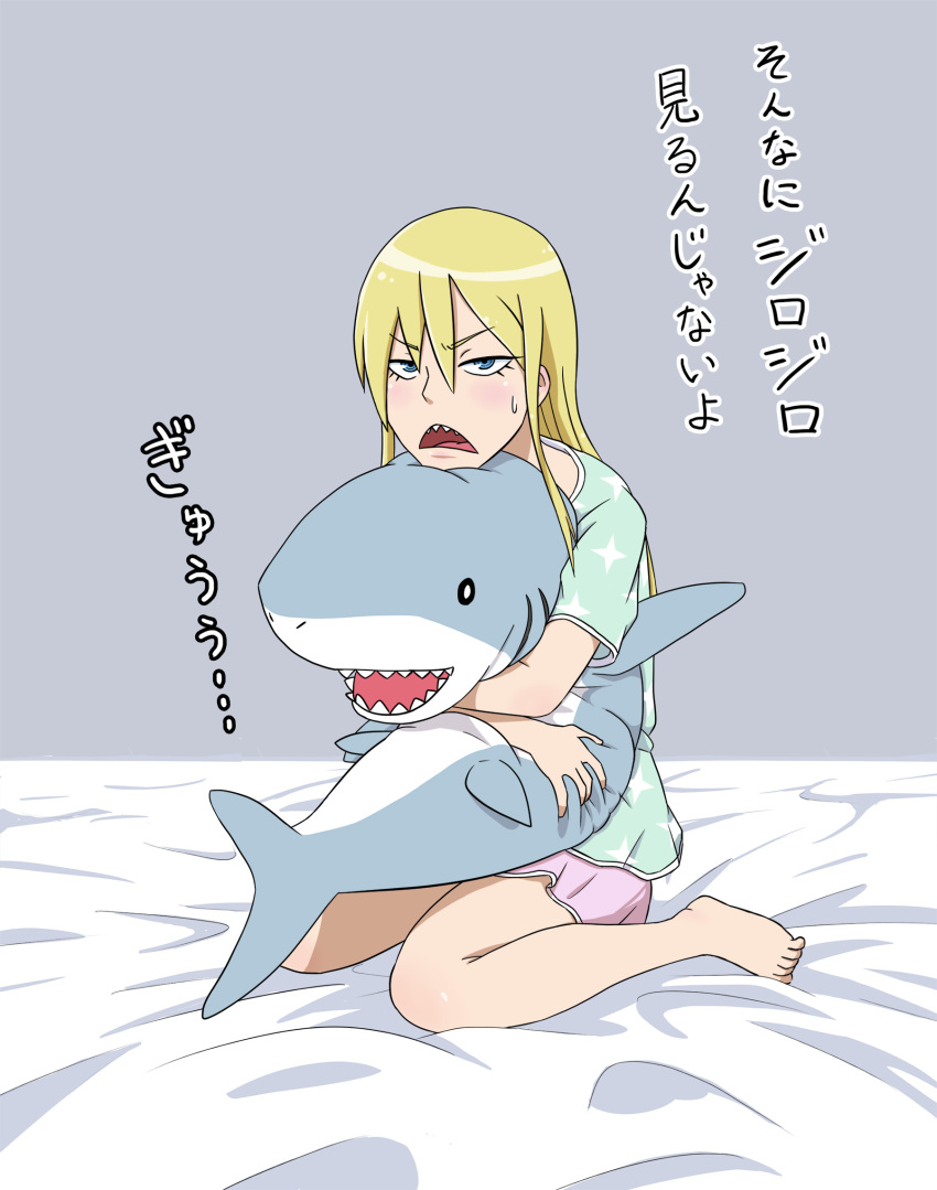 1girl alternate_hairstyle azinori123 blonde_hair blue_eyes hair_down hakodate_omiko highres hug kill_la_kill pajamas sharp_teeth solo stuffed_animal stuffed_shark stuffed_toy translated