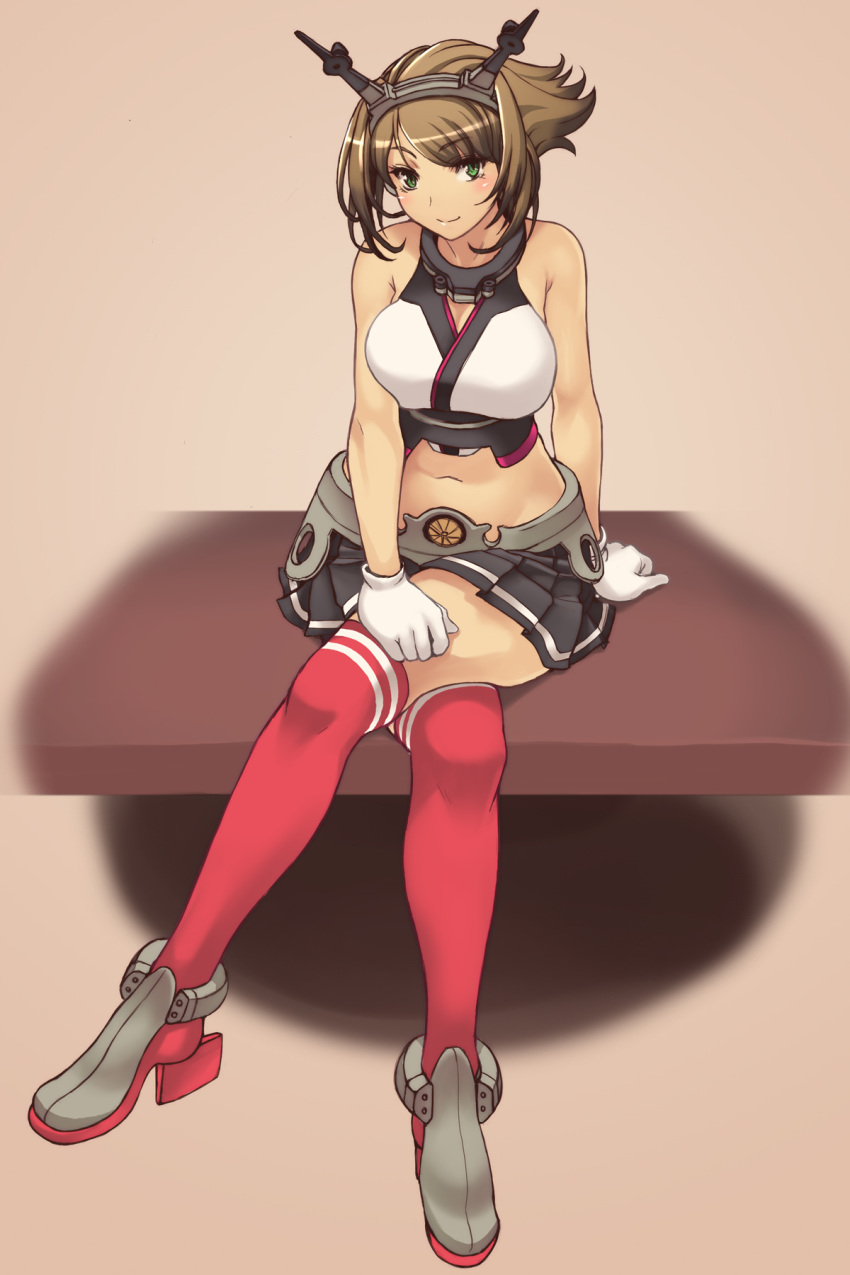 1girl ankle_boots arm_support bare_shoulders bonten_karasu boots breasts brown_background brown_eyes brown_hair crossed_legs full_body gloves grey_skirt hairband headgear high_heel_boots high_heels highres kantai_collection looking_at_viewer midriff mutsu_(kantai_collection) navel pleated_skirt red_legwear short_hair sitting skirt smile solo striped striped_legwear white_gloves