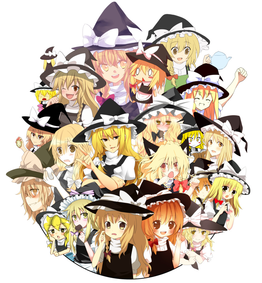 1girl :d absurdres animal_ears blonde_hair book bow braid brown_eyes cat_ears choco_ice dress egg hat hat_bow highres kirisame_marisa long_hair multiple_girls multiple_persona o_o open_mouth pastry pastry_bag ribbon skirt smile teapot yellow_eyes