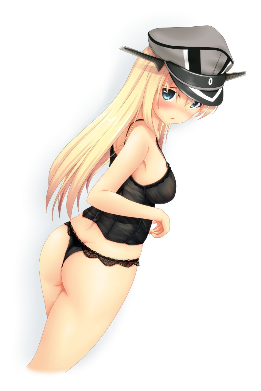 1girl absurdres alternate_costume ass babydoll bismarck_(kantai_collection) black_panties blonde_hair blue_eyes blush cowboy_shot from_behind hat highres kantai_collection long_hair looking_at_viewer looking_back open_mouth panties peaked_cap simple_background solo thong triangle_mouth underwear utahane_w white_background