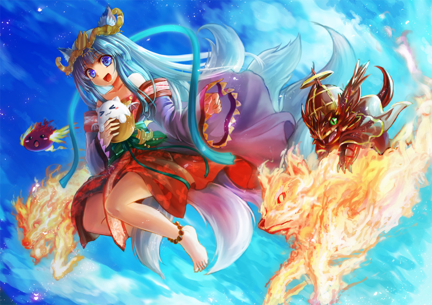 &gt;_&lt; 1girl :d animal_ears anklet bare_legs bare_shoulders barefoot bead blue_eyes blue_hair blue_sky blush_stickers clouds collarbone creature dragon fire flamie_(p&amp;d) fox fox_ears fox_tail freeze-ex hagoromo headpiece holding japanese_clothes jewelry kimono long_hair long_sleeves mitsuki_(p&amp;d) multiple_tails obi off_shoulder open_mouth outdoors puzzle_&amp;_dragons ruby_dragon_(p&amp;d) sash shawl sky sleeves_past_wrists smile solo tail tamadra very_long_hair