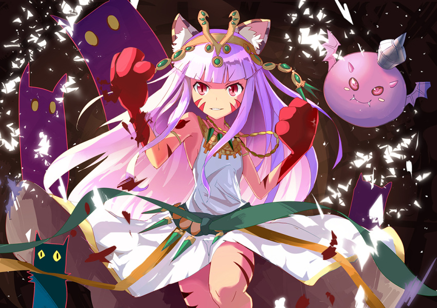 1girl animal_ears armlet baddie_(p&amp;d) bangs bare_shoulders bastet_(p&amp;d) blunt_bangs cat cat_ears creature dress egyptian facial_mark headpiece jewelry long_hair necklace paws purple_hair puzzle_&amp;_dragons red_eyes solo tan unochi very_long_hair white_dress