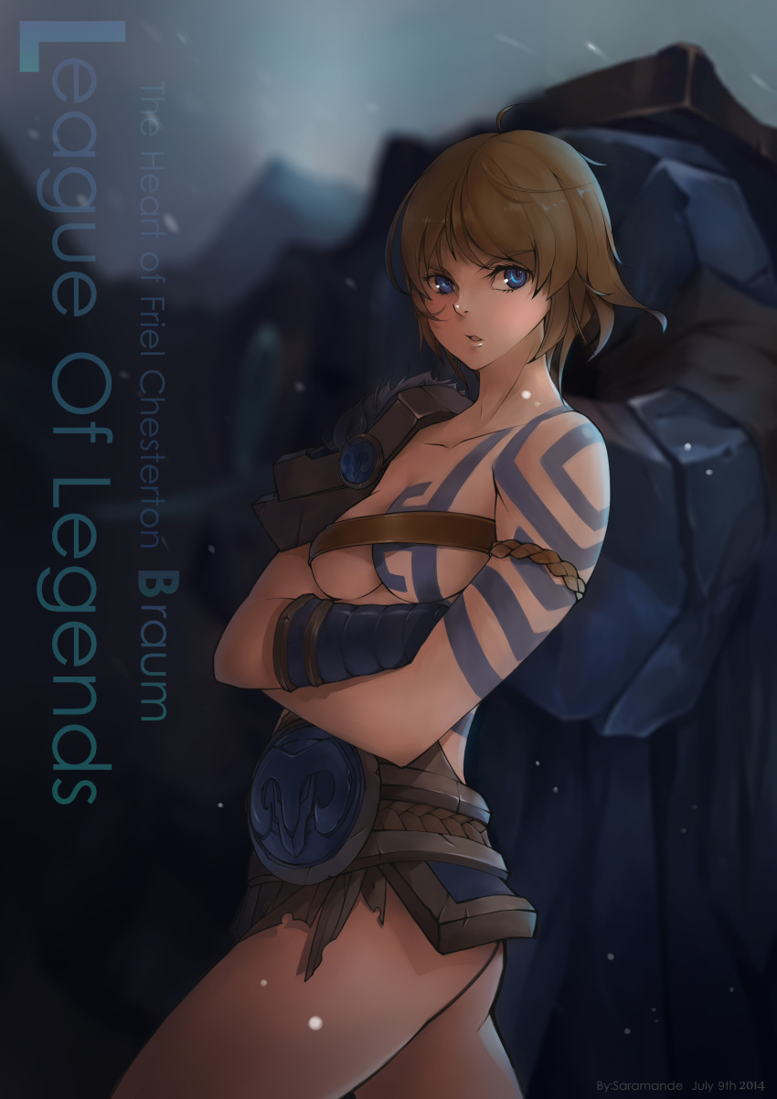 1girl absurdres armor blue_eyes braum_(league_of_legends) brown_hair crossed_arms genderswap highres league_of_legends open_mouth saramande short_hair snowing solo tattoo tattooed_breast