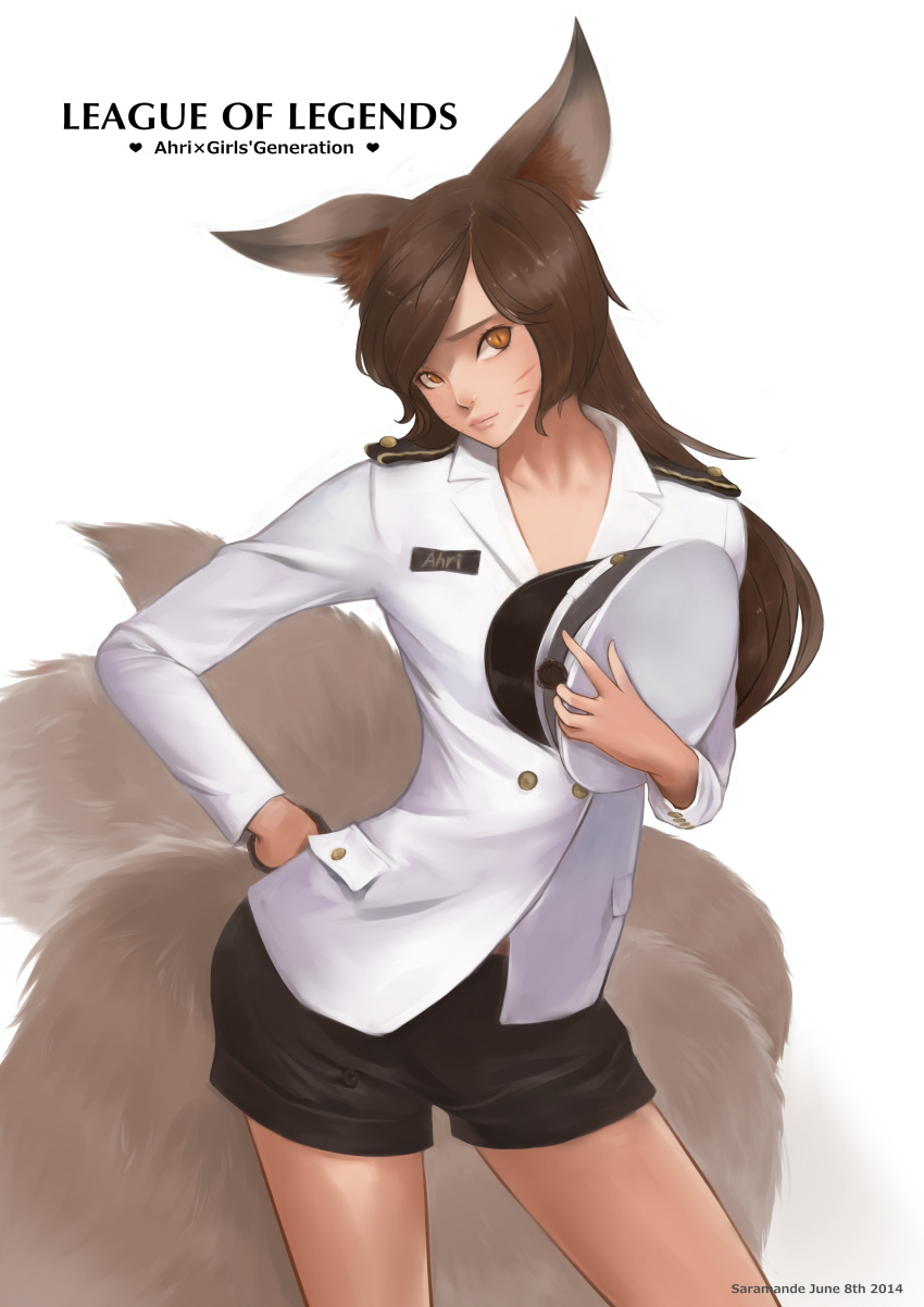 1girl absurdres ahri alternate_costume animal_ears brown_eyes brown_hair fox_ears fox_tail girls'_generation hand_on_hip hat hat_removed headwear_removed highres league_of_legends looking_at_viewer multiple_tails name_tag saramande solo tail