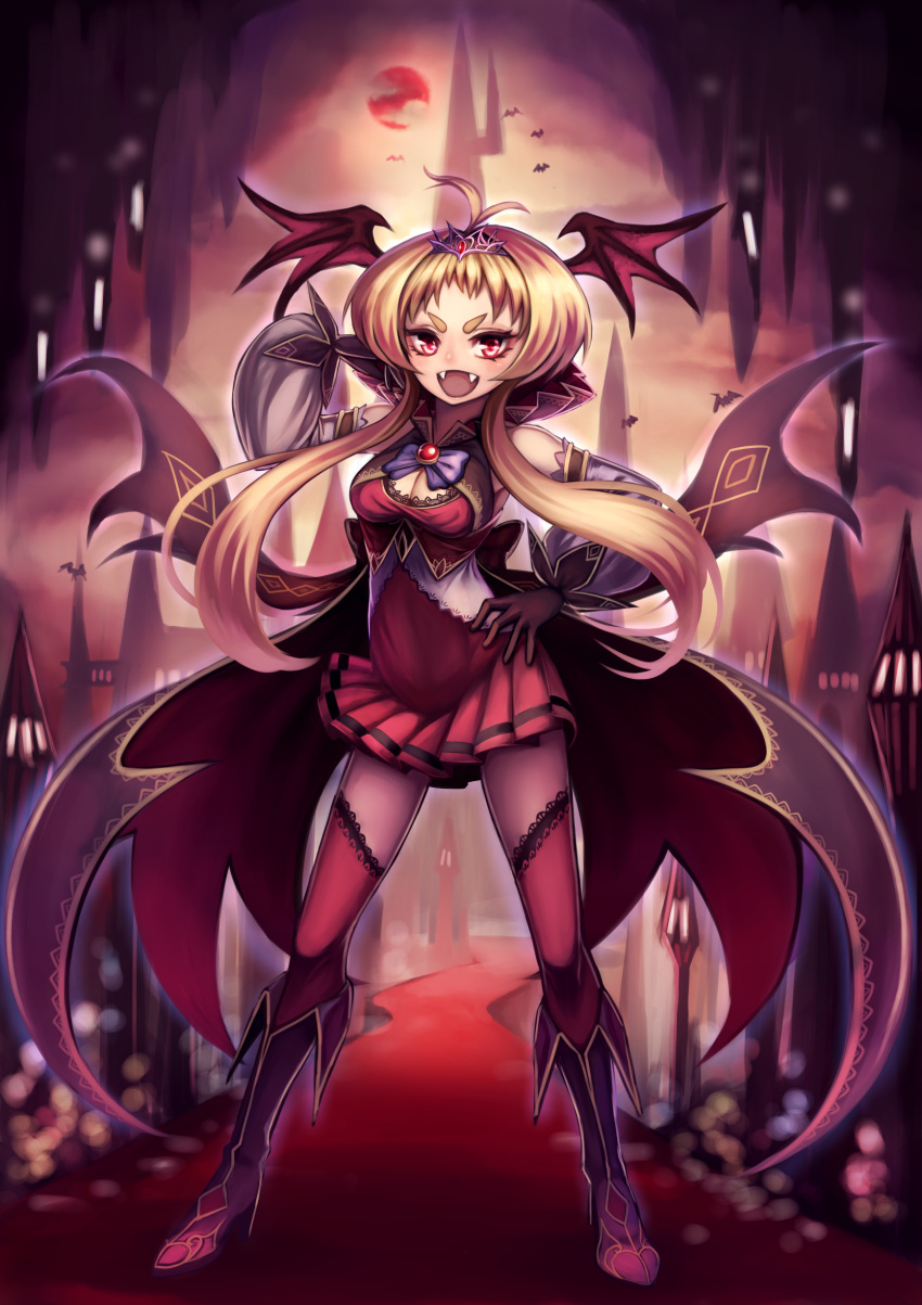 1girl :d absurdres bat black_gloves blonde_hair blush boots breasts cleavage detached_sleeves eyebrows fangs full_body gloves hand_on_hip head_wings highres hrtyuk looking_at_viewer low_wings open_mouth original red_eyes red_legwear short_hair_with_long_locks skirt smile solo standing thigh-highs tiara wings