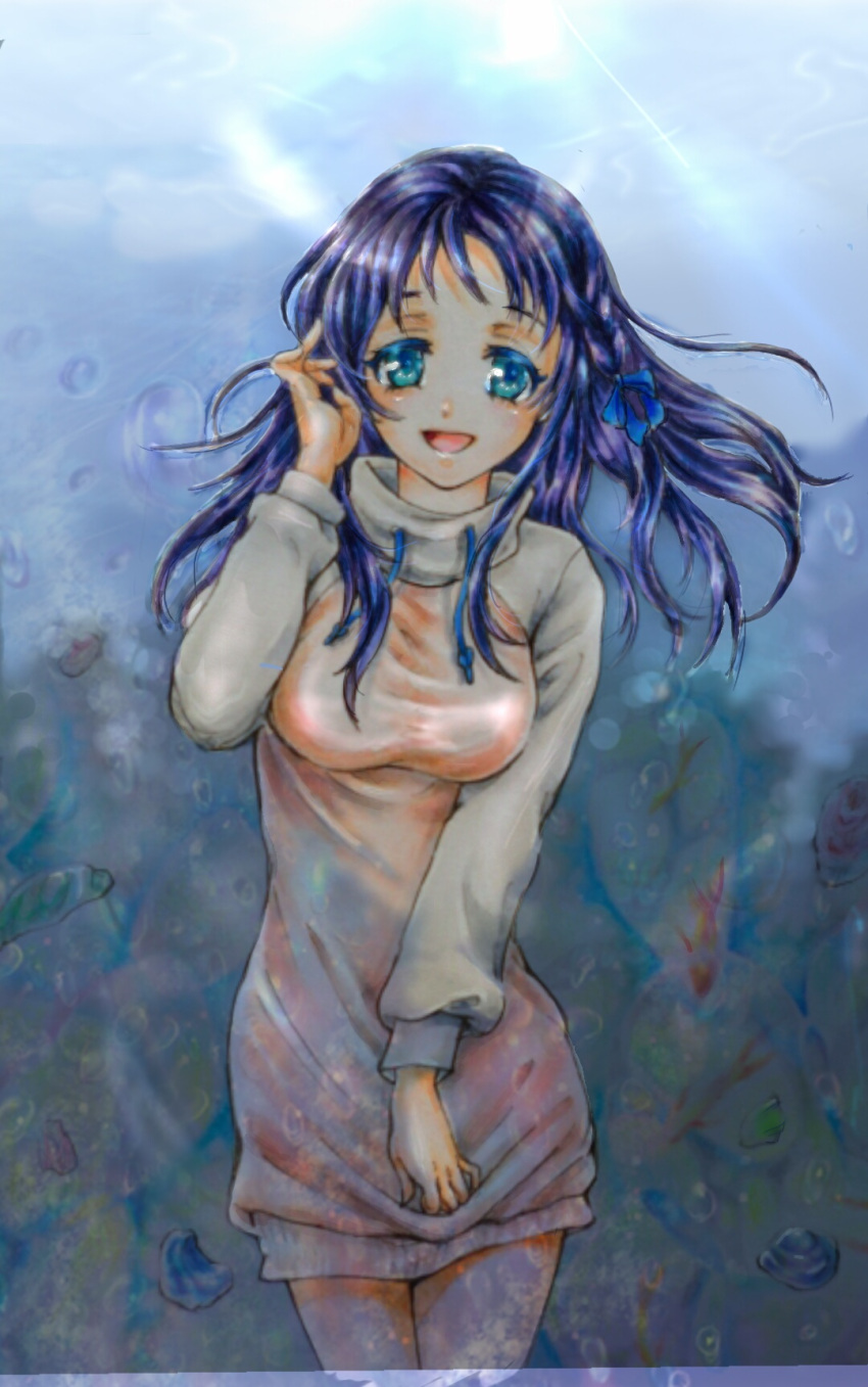 1girl blue_eyes blue_hair breasts highres hiradaira_chisaki long_hair nagi_no_asukara open_mouth sweater_dress toa_(mumuchan_10a_muske)