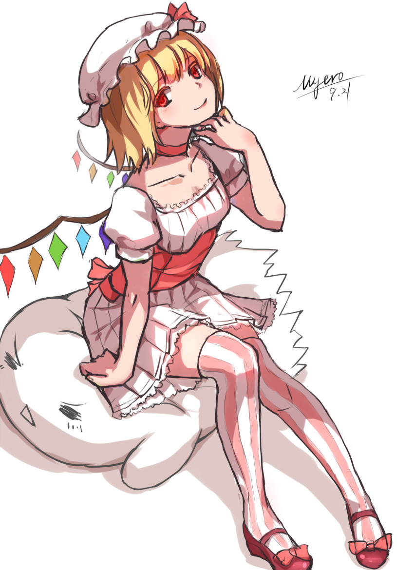 1girl alternate_costume artist_name blonde_hair choker dated dress flandre_scarlet hat highres looking_at_viewer mary_janes myero red_eyes shoes short_hair signature simple_background sitting sketch smile solo striped striped_legwear thigh-highs touhou vertical-striped_legwear vertical_stripes white_background wings zettai_ryouiki