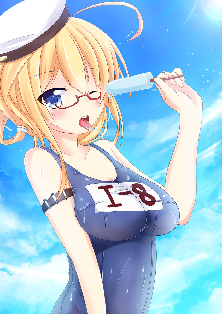 1girl ;p ahoge blue_eyes blush breasts clouds glasses hat highres i-8_(kantai_collection) kantai_collection looking_at_viewer nugi_(armenci) one_eye_closed popsicle red-framed_glasses school_swimsuit semi-rimless_glasses sexually_suggestive sky solo swimsuit tongue tongue_out under-rim_glasses wet