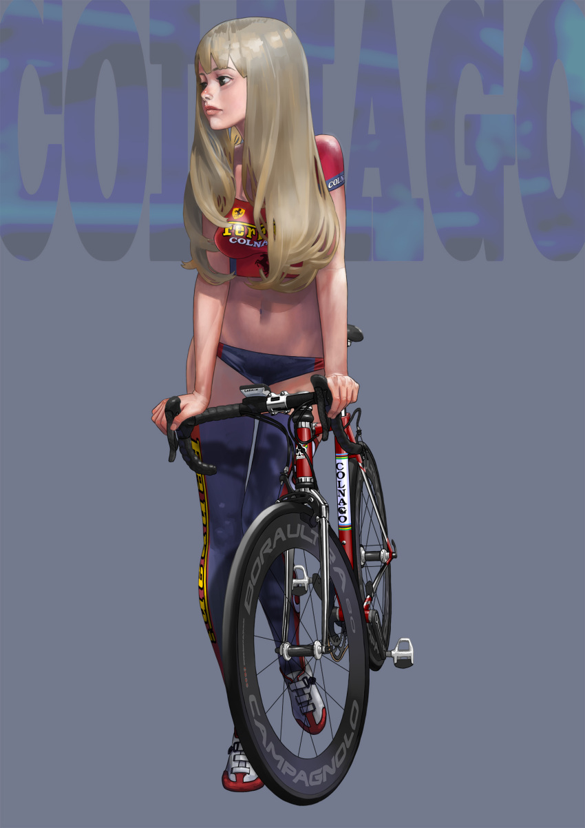 1girl bicycle bike_jersey bikini_bottom black_legwear blonde_hair brown_eyes highres hitomi_kazuya lips long_hair navel original shoes sneakers solo thigh-highs