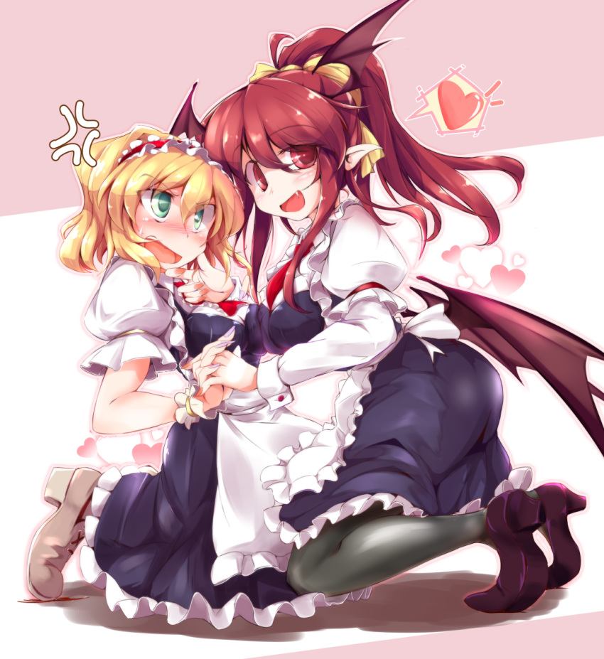 2girls :d alice_margatroid alternate_costume alternate_hairstyle anger_vein asymmetrical_docking bat_wings blonde_hair blush breast_press breasts enmaided fang fumitsuki_(minaduki_6) green_eyes hairband head_wings heart highres holding_hands kneeling koakuma long_hair low_wings maid multiple_girls open_mouth pointy_ears ponytail red_eyes redhead short_hair smile spoken_heart touhou uneven_eyes wings