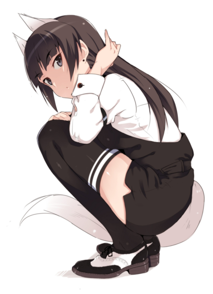 1girl anabuki_tomoko animal_ears black_eyes black_legwear brown_hair earrings em highres jewelry long_hair saddle_shoes shoes solo squatting strike_witches tail thigh-highs white_background