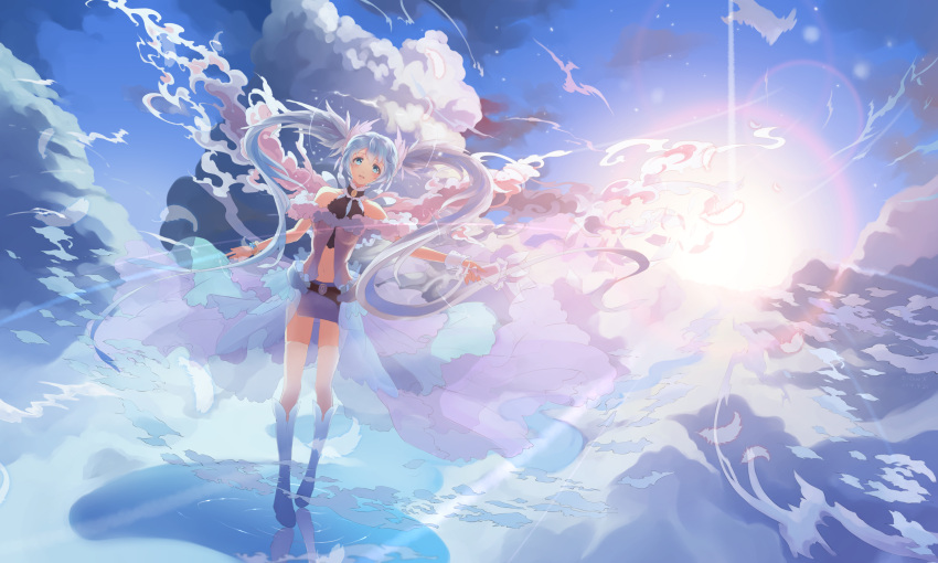 1girl absurdres alternate_costume bare_shoulders belt blue_eyes blue_hair boots bzerox choker clouds feathers hatsune_miku highres long_hair looking_at_viewer navel sky solo sun sunlight twintails vocaloid