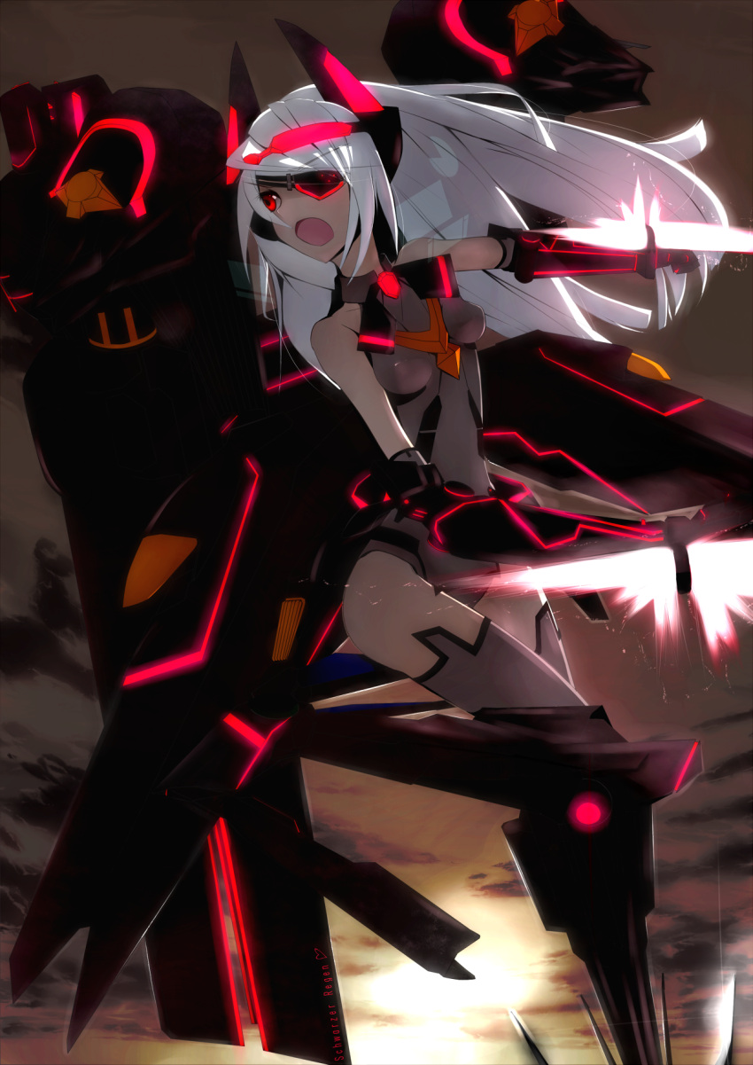 anopl bare_shoulders eyepatch hair_ornament highres infinite_stratos laura_bodewig long_hair mecha mecha_musume one-piece_swimsuit open_mouth red_eyes schwarzer_roegen silver_hair solo swimsuit thigh-highs weapon