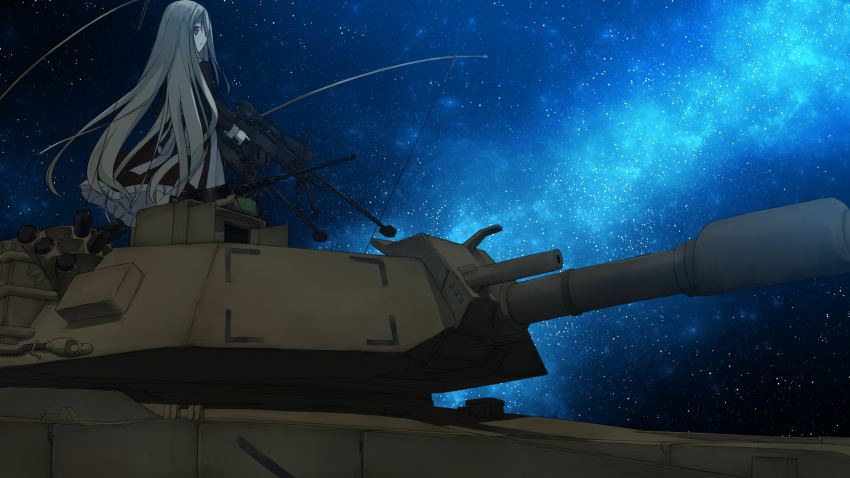 1girl casual gun highres holding light_brown_hair long_hair looking_at_viewer looking_back m1_abrams military military_vehicle o_daizen original red_eyes rifle sky sniper_rifle solo star_(sky) starry_sky tank vehicle weapon