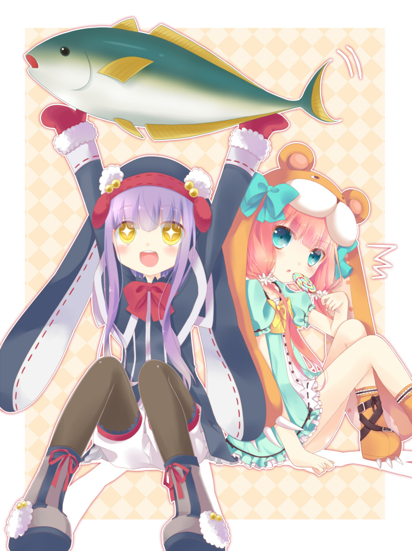 +_+ 2girls :d blue_eyes candy emil_chronicle_online fish hat highres holding hoshi_(snacherubi) lifting lollipop long_hair low_twintails multiple_girls open_mouth purple_hair redhead sitting smile twintails yellow_eyes