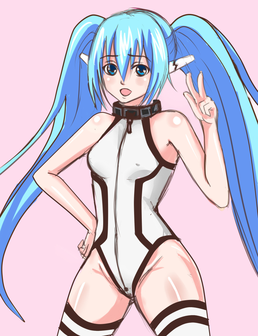1girl absurdres angel_pena_(angelox) blue_eyes blue_hair collar hand_on_hip highres leotard long_hair mound_of_venus nymph_(sora_no_otoshimono) robot_ears small_breasts solo sora_no_otoshimono thigh-highs twintails v very_long_hair