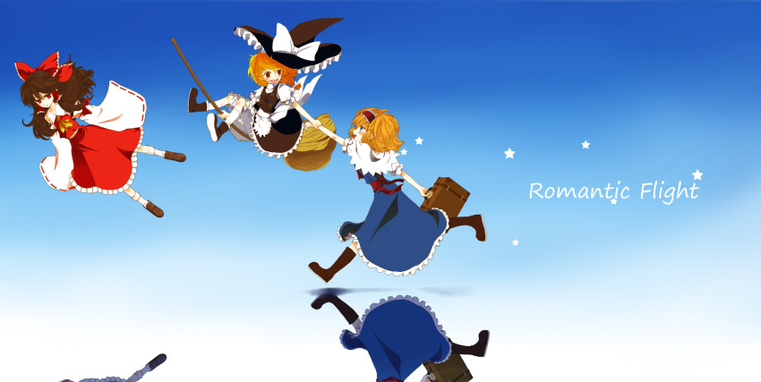 3girls alice_margatroid amber_eyes apron ascot big_hair black_dress blonde_hair bloomers blue_background blue_dress blue_eyes boots bow braid broom brown_hair capelet detached_sleeves dress ears english flying friends hair_bow hair_tubes hakurei_reimu hat hat_ribbon headband hibino_nozomu highres holding kirisame_marisa looking_at_another looking_back looking_up messy_hair midriff multiple_girls navel open_mouth puffy_short_sleeves puffy_sleeves red_eyes red_skirt reflection ribbon ribbon_trim shoes short_sleeves single_braid skirt sleeveless socks star suitcase touhou turtleneck underwear witch_hat