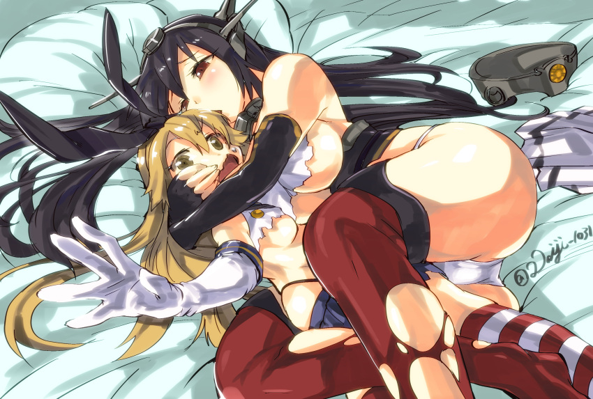 2girls absurdres armadillo-tokage ass bare_shoulders black_gloves black_hair blonde_hair breasts brown_eyes elbow_gloves gloves hair_ribbon hairband highres hug hug_from_behind kantai_collection large_breasts long_hair microskirt multiple_girls nagato_(kantai_collection) open_mouth panties red_legwear ribbon shimakaze_(kantai_collection) skirt skirt_removed small_breasts striped striped_legwear thigh-highs torn_clothes under_boob underwear white_gloves white_panties yellow_eyes