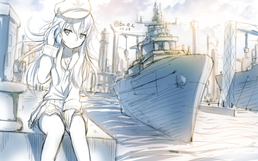 1girl boyogo hat hibiki_(kantai_collection) highres kantai_collection long_hair monochrome school_uniform serafuku skirt solo white_hair