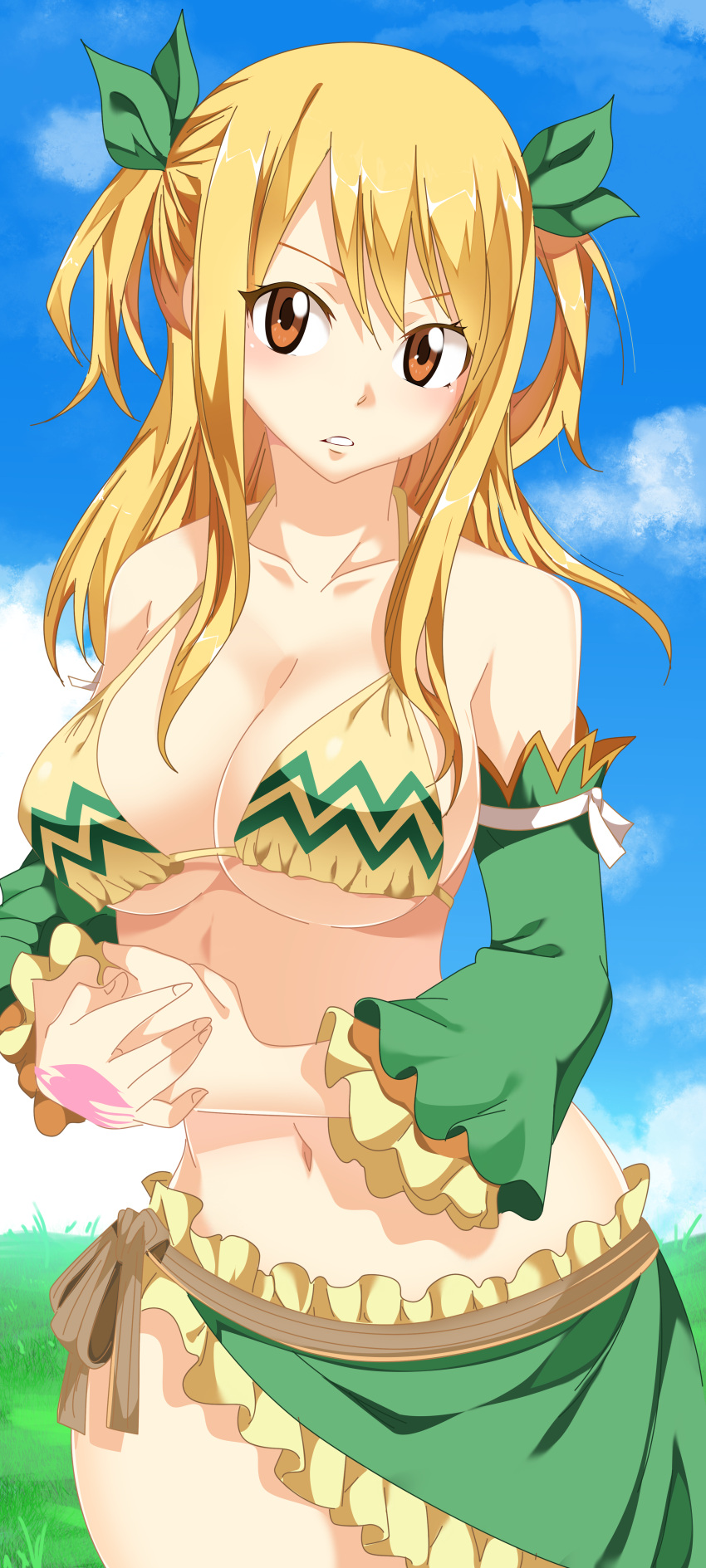 1girl absurdres bikini bikini_skirt blonde_hair blue_sky breasts brown_eyes cleavage clouds detached_sleeves fairy_tail grass hair_ribbon highres large_breasts long_hair looking_at_viewer lucy_heartfilia navel outdoors planeptune ribbon sky solo swimsuit twintails