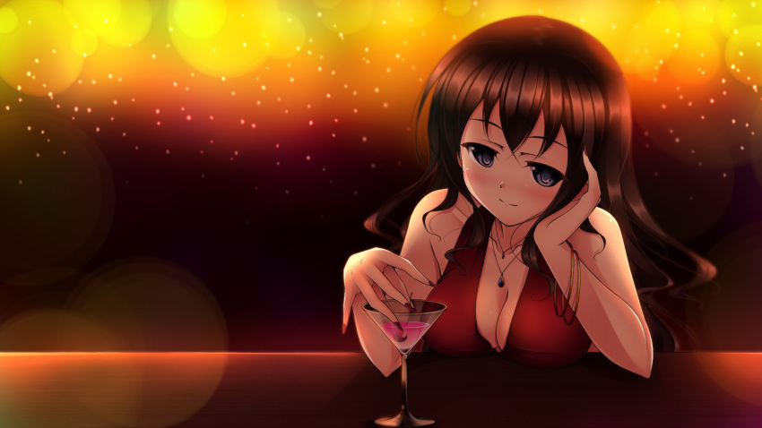 1girl blurry blush bokeh breasts brown_hair bust cherry chin_rest cleavage depth_of_field dress food fruit highres jewelry jk-ff light_particles long_hair martini_glass necklace original red_dress red_nails solo violet_eyes