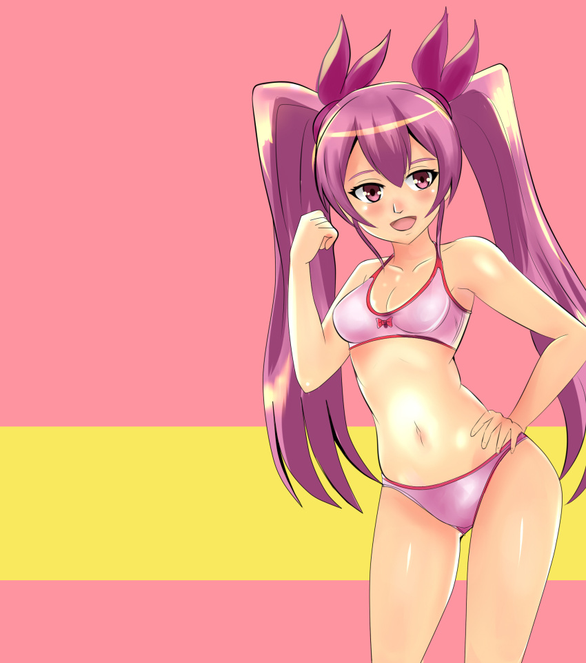 1girl akame_ga_kill! angel_pena_(angelox) blush contrapposto hair_ribbon hand_on_hip highres long_hair mine_(akame_ga_kill!) panties pink_eyes pink_hair ribbon small_breasts solo standing training_bra twintails underwear underwear_only