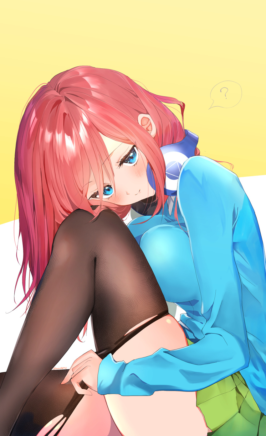 1girl ? absurdres black_legwear blue_eyes blush breast_press breasts go-toubun_no_hanayome green_skirt headphones highres hoerutarou large_breasts legs long_hair looking_at_viewer nakano_miku pantyhose pantyhose_pull pink_hair pleated_skirt school_uniform skirt smile solo