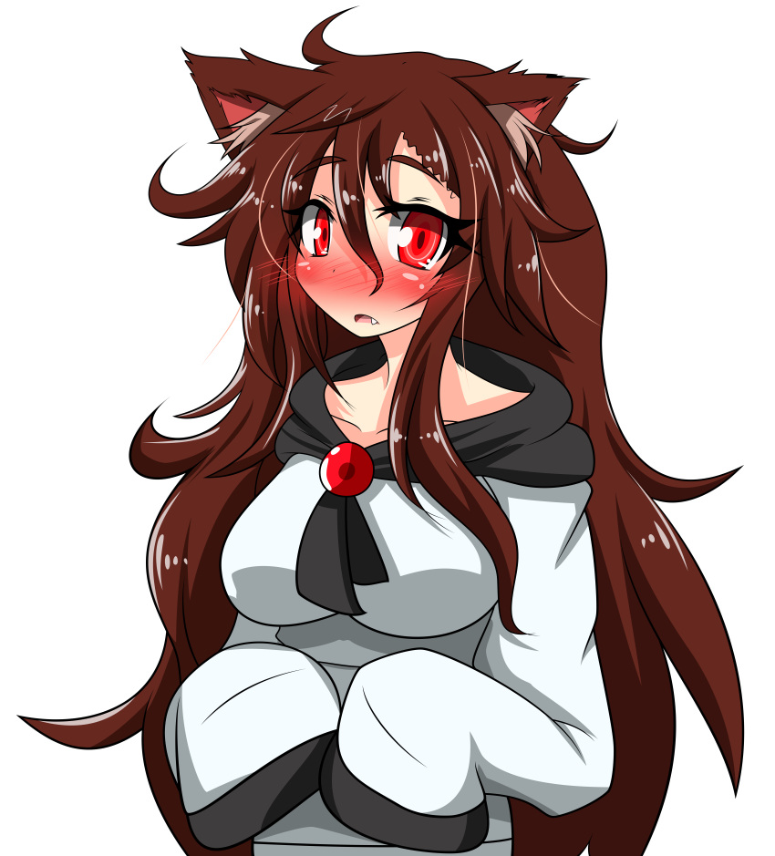 1girl absurdres animal_ears blush breasts brooch brown_hair collarbone dress fang highres imaizumi_kagerou jewelry large_breasts long_hair long_sleeves looking_at_viewer open_mouth red_eyes rindou_(p41neko) simple_background sleeves_past_wrists solo touhou transparent_background wolf_ears