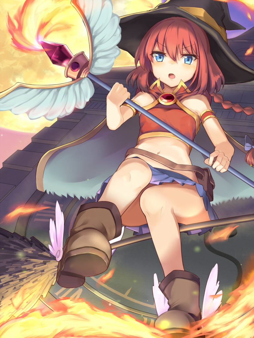 1girl blue_eyes braid broom fire from_below hat highres holding long_hair looking_at_viewer low_ponytail magical_girl miya_(tokumei) navel no_socks open_mouth original redhead riding single_braid solo staff tail wind witch_hat
