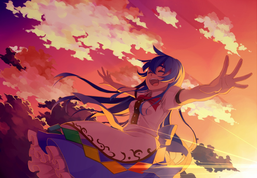 1girl blue_hair bow closed_eyes clouds happy hinanawi_tenshi long_hair long_skirt no_hat nomu open_mouth outstretched_arms skirt sky smile solo sunset touhou wind