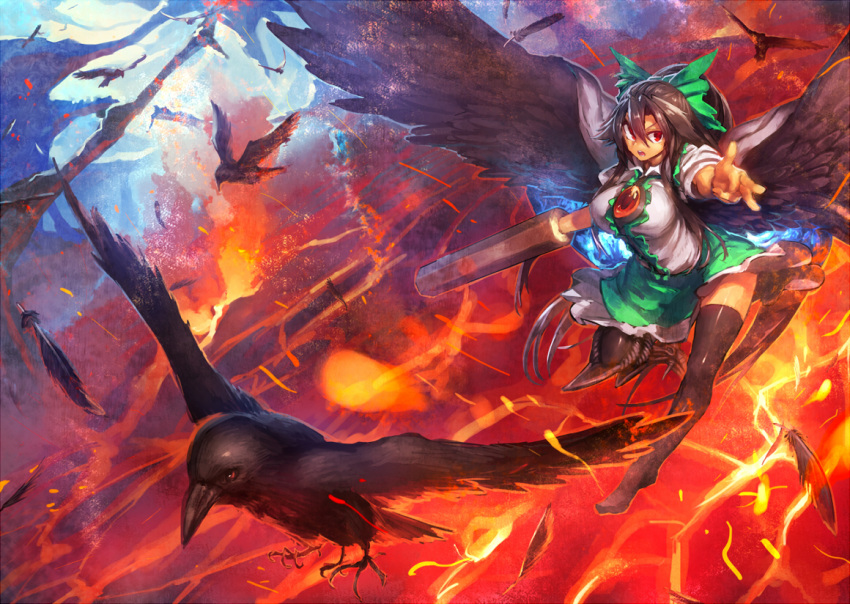 1girl arm_cannon bird bird_wings black_hair black_legwear black_wings bow breasts cape crow feathered_wings feathers hair_bow large_breasts looking_at_viewer molten_rock open_mouth pointing pointing_at_viewer reiuji_utsuho shirt solo spread_wings temmasa22 thigh-highs third_eye touhou weapon white_shirt wings