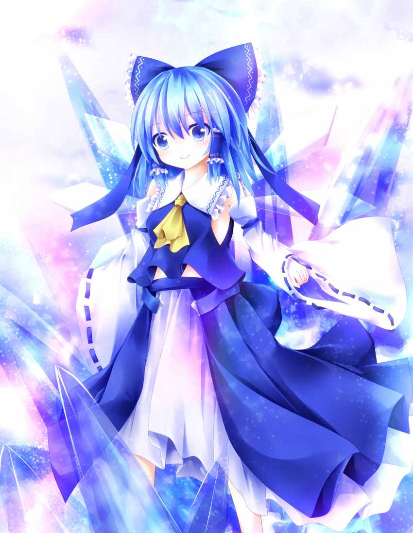 1girl alternate_color ascot blue_eyes blue_hair bow cirno commentary detached_sleeves furomaaju_(fromage) hair_bow hair_tubes hakurei_reimu hakurei_reimu_(cosplay) highres ice ice_wings long_sleeves nontraditional_miko player_2 skirt skirt_set smile solo too_bad!_it_was_just_me! touhou wide_sleeves wings