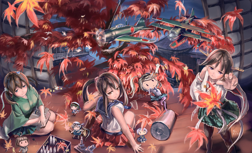 6+girls airplane architecture bare_shoulders bird black_eyes black_hair brown_eyes brown_hair butterfly cat chick chicken detached_sleeves doraxi east_asian_architecture fairy_(kantai_collection) fish green_eyes hat hiei_(kantai_collection) highres indoors japanese_clothes kantai_collection leaf long_hair looking_back maple_leaf multiple_girls net pantyhose pleated_skirt ponytail reaching sailor_hat seiza short_hair sitting skirt smile souryuu_(kantai_collection) violet_eyes water yahagi_(kantai_collection)