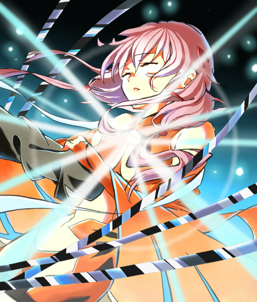 1girl bare_shoulders breasts center_opening closed_eyes detached_sleeves elbow_gloves fingerless_gloves gloves guilty_crown hair_ornament hairclip hand_on_another's_chest highres kanamex long_hair out_of_frame pink_hair twintails yuzuriha_inori