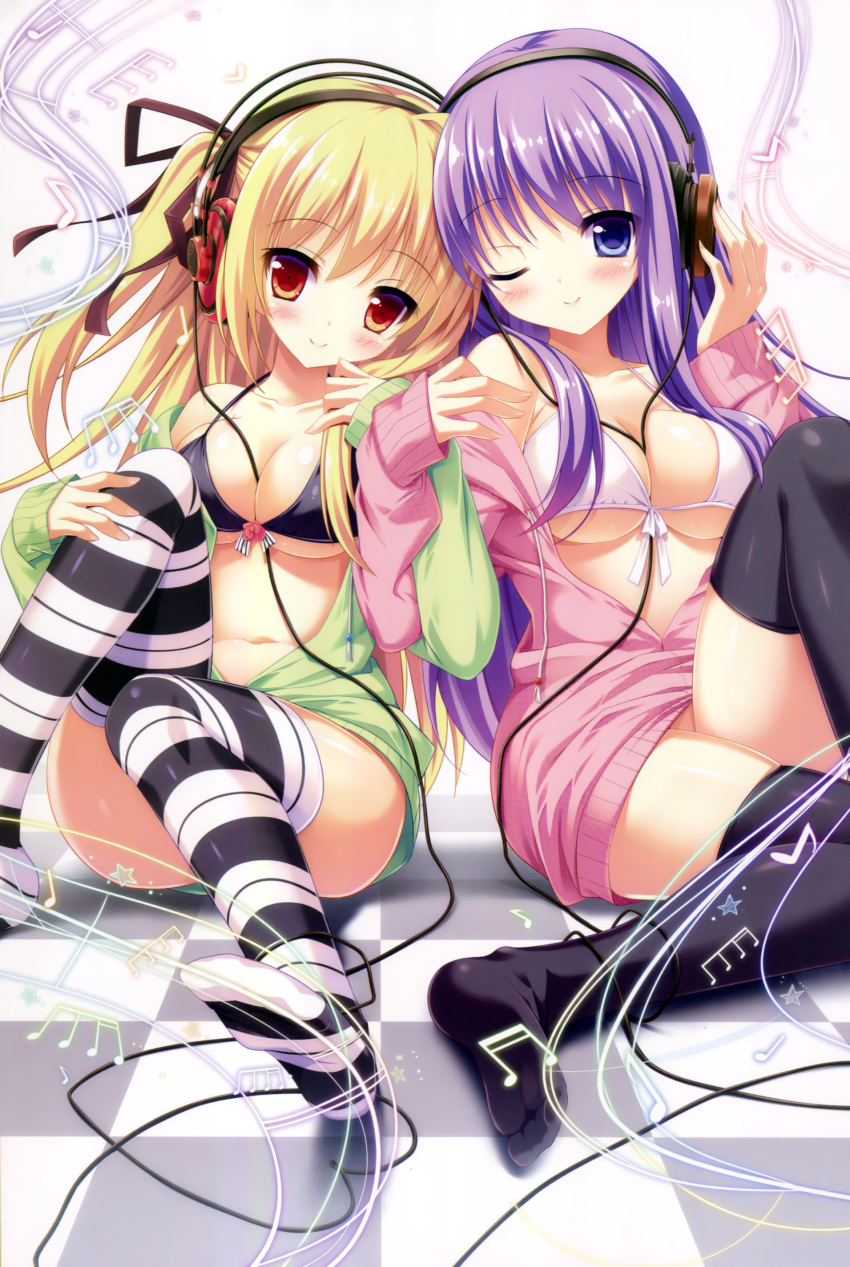 2girls ;) absurdres between_breasts black_bra black_legwear blonde_hair blue_eyes bra breasts celica_tepes_lunatica checkered checkered_floor cleavage front-tie_bikini front-tie_top hanayome_to_maou headphones highres interlocked_arms jacket knee_up long_hair long_sleeves luciela_purodia multiple_girls musical_note no_pants one_eye_closed open_clothes open_jacket open_shirt purple_hair red_eyes shiramochi sitting smile striped striped_legwear thigh-highs two_side_up underwear white_bra