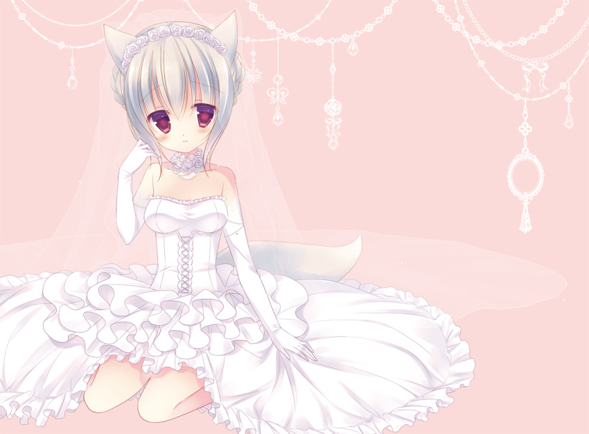 1girl animal_ears bare_shoulders brown_eyes choker collarbone dress elbow_gloves flower flower_on_head fox_ears fox_tail frills gloves hair_ornament looking_at_viewer original silver_hair sitting smile solo sumii tail wedding_dress white_dress white_gloves
