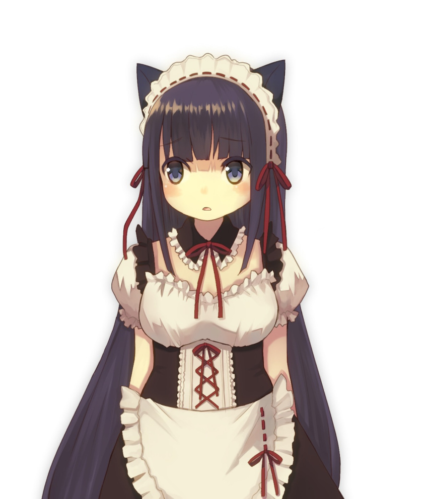 1girl animal_ears black_hair blue_eyes blue_hair blush bow breasts cat_ears detached_collar highres long_hair maid maid_headdress nekomo open_mouth original puffy_short_sleeves puffy_sleeves ribbon ruffled_sleeves short_sleeves simple_background solo white_background