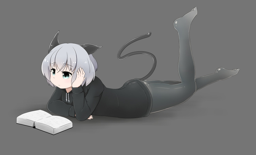1girl animal_ears ass black_legwear blue_eyes book bottomless cat_ears cat_tail franz_(franz2171) full_body grey_background hand_on_head head_rest highres hoodie long_sleeves lying on_stomach panties reading sanya_v_litvyak short_hair silver_hair simple_background solo strike_witches tail underwear