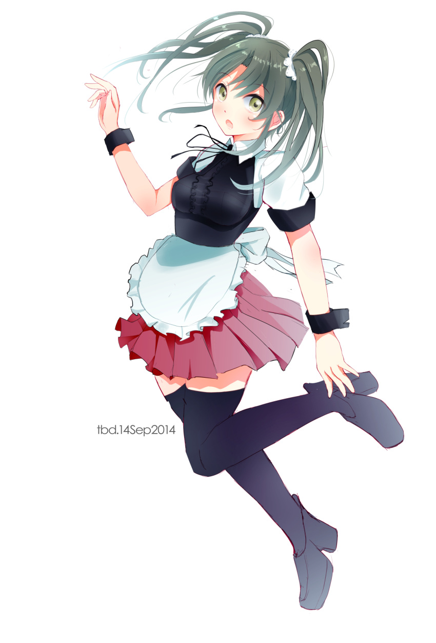 1girl absurdres adapted_costume alternate_costume apron dated highres kantai_collection long_hair looking_at_viewer maid_apron maid_headdress pleated_skirt skirt solo tbd11 thigh-highs twintails white_background wrist_cuffs zettai_ryouiki zuikaku_(kantai_collection)
