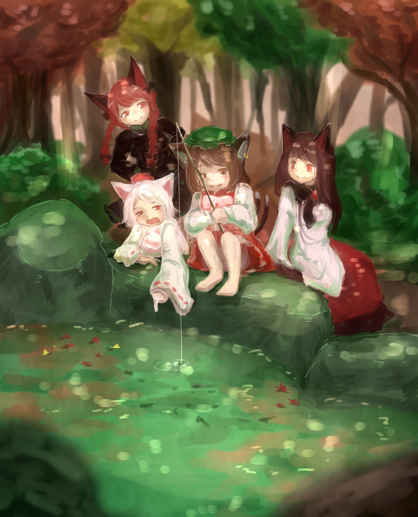 1girl 4girls absurdres animal_ears black_dress bow braid brown_eyes brown_hair bush cat cat_ears cat_girl cat_tail chen detached_sleeves dress earrings fishing fishing_rod forest hair_ribbon hat highres imaizumi_kagerou inubashiri_momiji jewelry kaenbyou_rin katana layered_dress leaf light_rays long_hair long_sleeves looking_at_another maple_leaf mob_cap multiple_girls multiple_tails nature nekotsuki open_mouth plant pointing pointing_down pom_pom_(clothes) pond red_eyes red_skirt redhead ribbon rock rod shirt short_hair silver_hair single_earring sitting sitting_on_rock skirt skirt_set smile sparkle sunlight sword tail tokin_hat touhou tress_ribbon twin_braids vest weapon wolf_ears wolf_tail