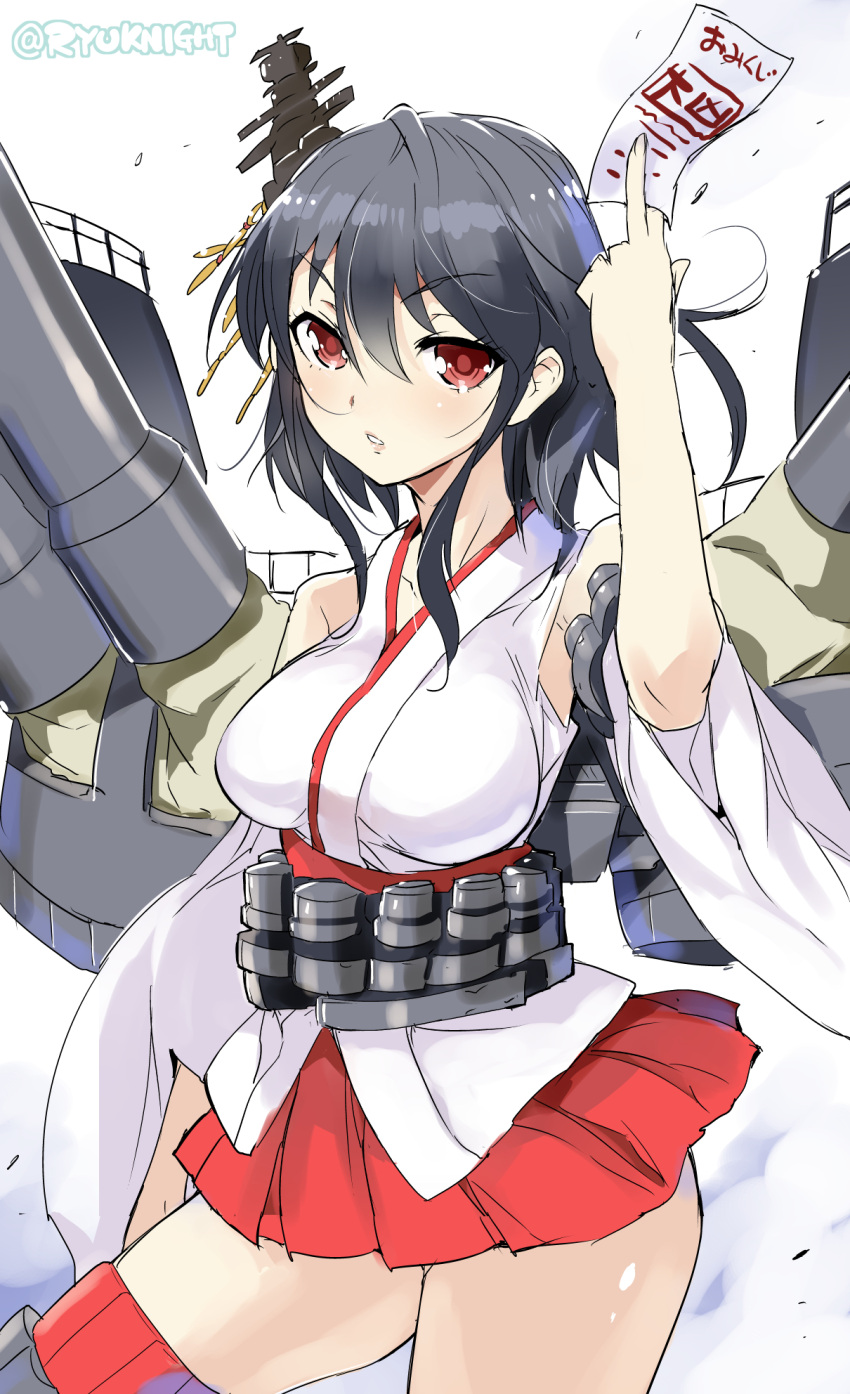 1girl black_hair detached_sleeves hair_ornament highres holding kantai_collection looking_at_viewer machinery naitou_ryuu nontraditional_miko ofuda pleated_skirt red_eyes sketch skirt solo turret twitter_username yamashiro_(kantai_collection)