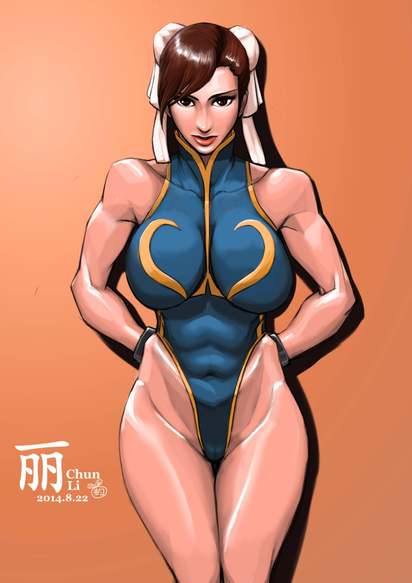 1girl abs absurdres adapted_costume arms_behind_back bracelet breasts brown_eyes brown_hair bun_cover character_name chun-li dated double_bun highres jewelry large_breasts leotard lips navel nose short_hair skin_tight solo standing street_fighter thigh_gap thong_leotard toned yakusoku_no_hi