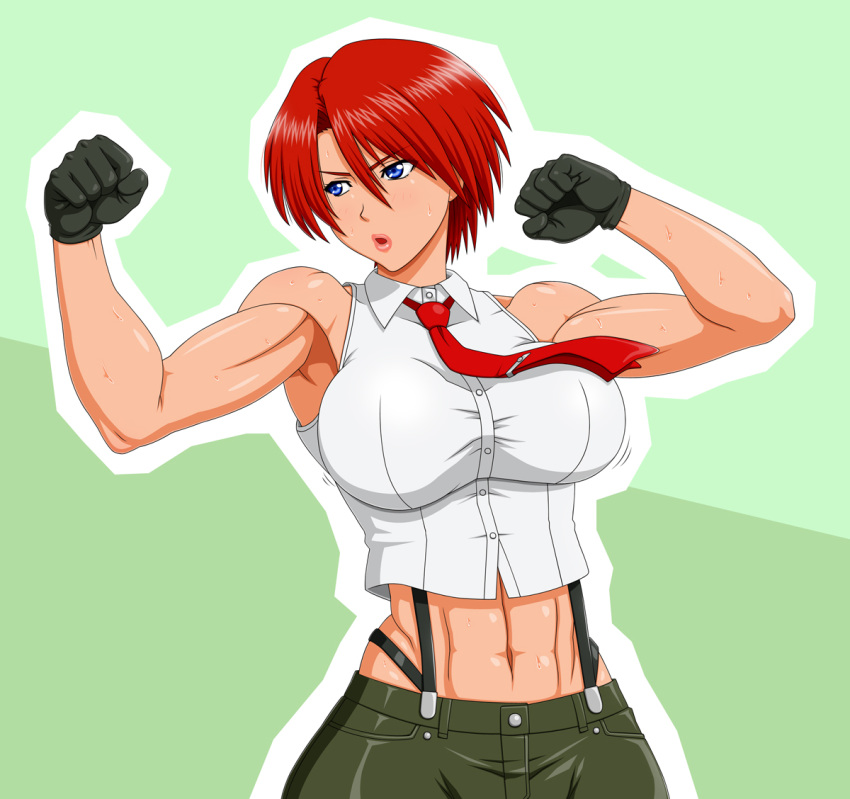 1girl abs bare_shoulders black_gloves blue_eyes breasts clenched_hands crop_top fighting_stance gloves highleg highleg_panties king_of_fighters large_breasts lips makani_kohitujito midriff muscle navel necktie panties parted_lips redhead short_hair sleeveless solo suspenders underwear vanessa_(king_of_fighters)