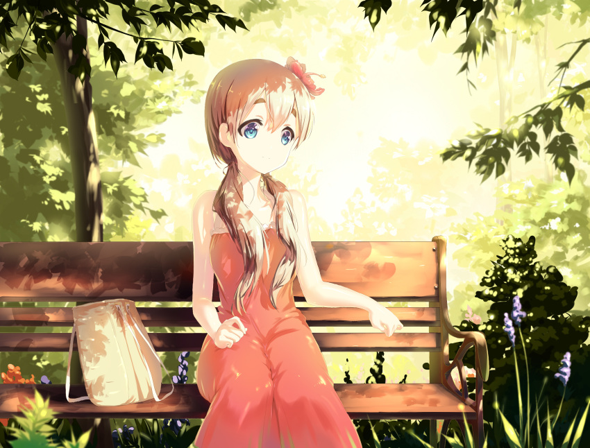 1girl bag bench blonde_hair dress highres k-on! kotobuki_tsumugi long_hair ludou sitting tainaka_ritsu