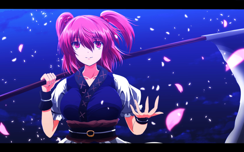 1girl belt blush breasts cherry_blossoms collarbone hair_bobbles hair_ornament highres large_breasts letterboxed nekominase night night_sky onozuka_komachi parted_lips petals puffy_short_sleeves puffy_sleeves red_eyes redhead scythe shirt_tug short_sleeves sky smile solo touhou two_side_up weapon wrist_cuffs wristband