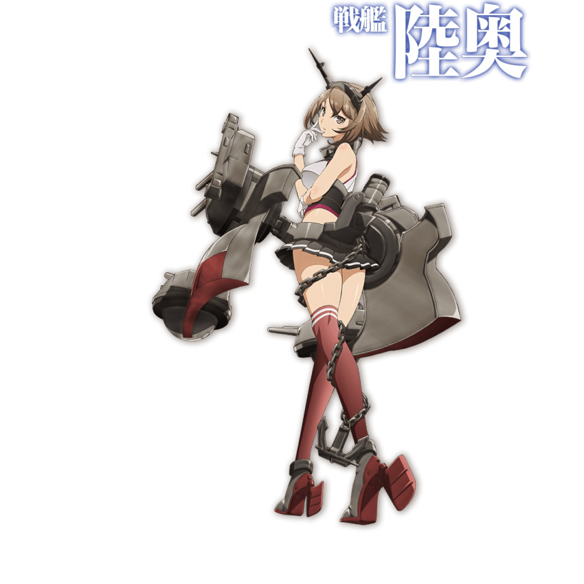 1girl anchor bare_shoulders brown_hair cannon character_name gloves green_eyes headgear highres horns kantai_collection legs looking_at_viewer looking_back machinery mutsu_(kantai_collection) official_art pleated_skirt red_legwear short_hair skirt solo thigh-highs turret white_gloves