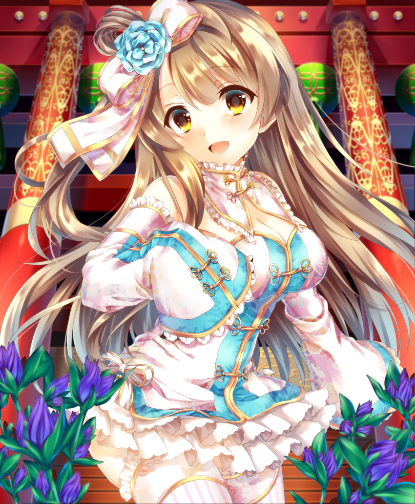 1girl breasts brown_eyes brown_hair chinese_clothes cleavage detached_sleeves flower hair_flower hair_ornament highres long_hair love_live!_school_idol_project minami_kotori open_mouth saijou_yukina side_ponytail sleeves_past_wrists smile solo