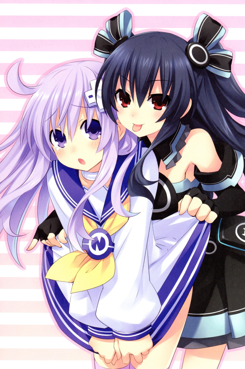 2girls :o :p absurdres ahoge bare_shoulders black_hair blush bow choker choujigen_game_neptune choujigen_game_neptune_mk2 d-pad dress dress_lift elbow_gloves fingerless_gloves gloves hair_bow hair_ornament highres long_hair multiple_girls nepgear official_art open_mouth purple_hair red_eyes ribbon scan school_uniform smile striped striped_background tail tears thigh-highs tongue tongue_out tsunako twin two_side_up uni_(choujigen_game_neptune) violet_eyes